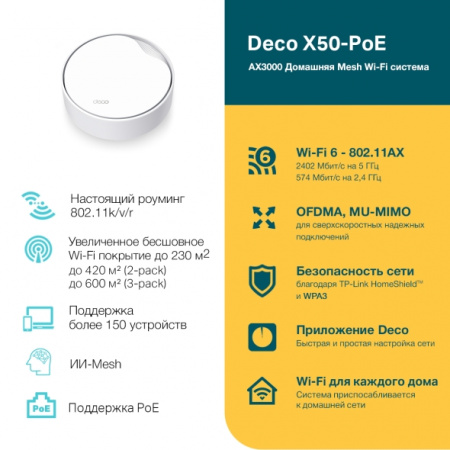 Фотография TP-Link Deco X50-PoE(1-pack) AX3000 Mesh-система Wi-Fi 6 с поддержкой PoE в интернет-магазине KitConnect